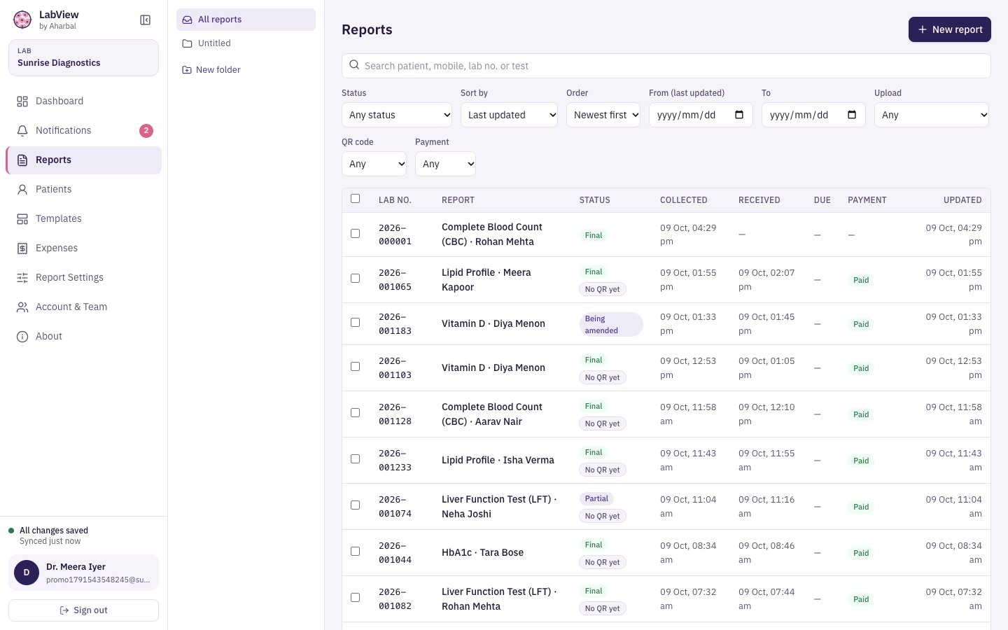 The Reports list with search, status and payment