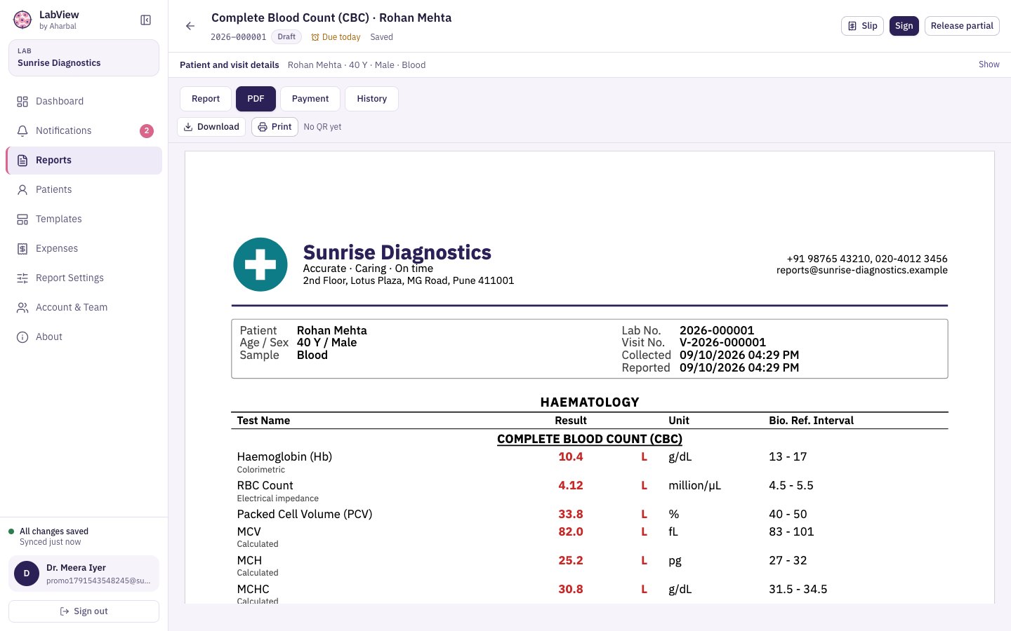 The finished report with the lab’s header, patient box and results