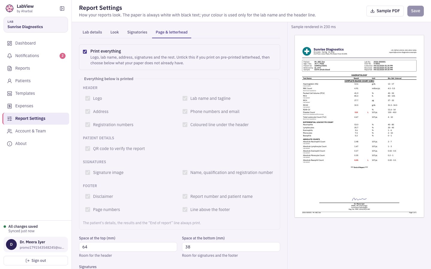 Report Settings: choose what to print on pre-printed letterhead