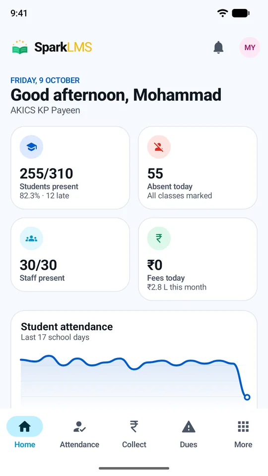 The school-at-a-glance dashboard in the app