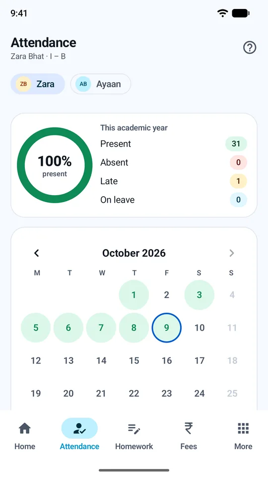 The attendance calendar in the parent app