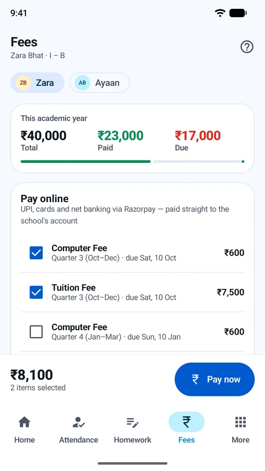 Paying fees online in the parent app