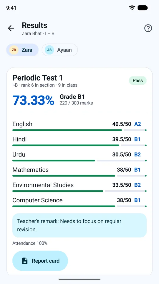 Exam results in the parent app