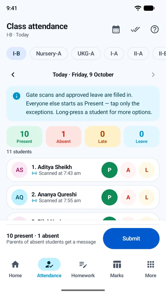 Marking class attendance in the app