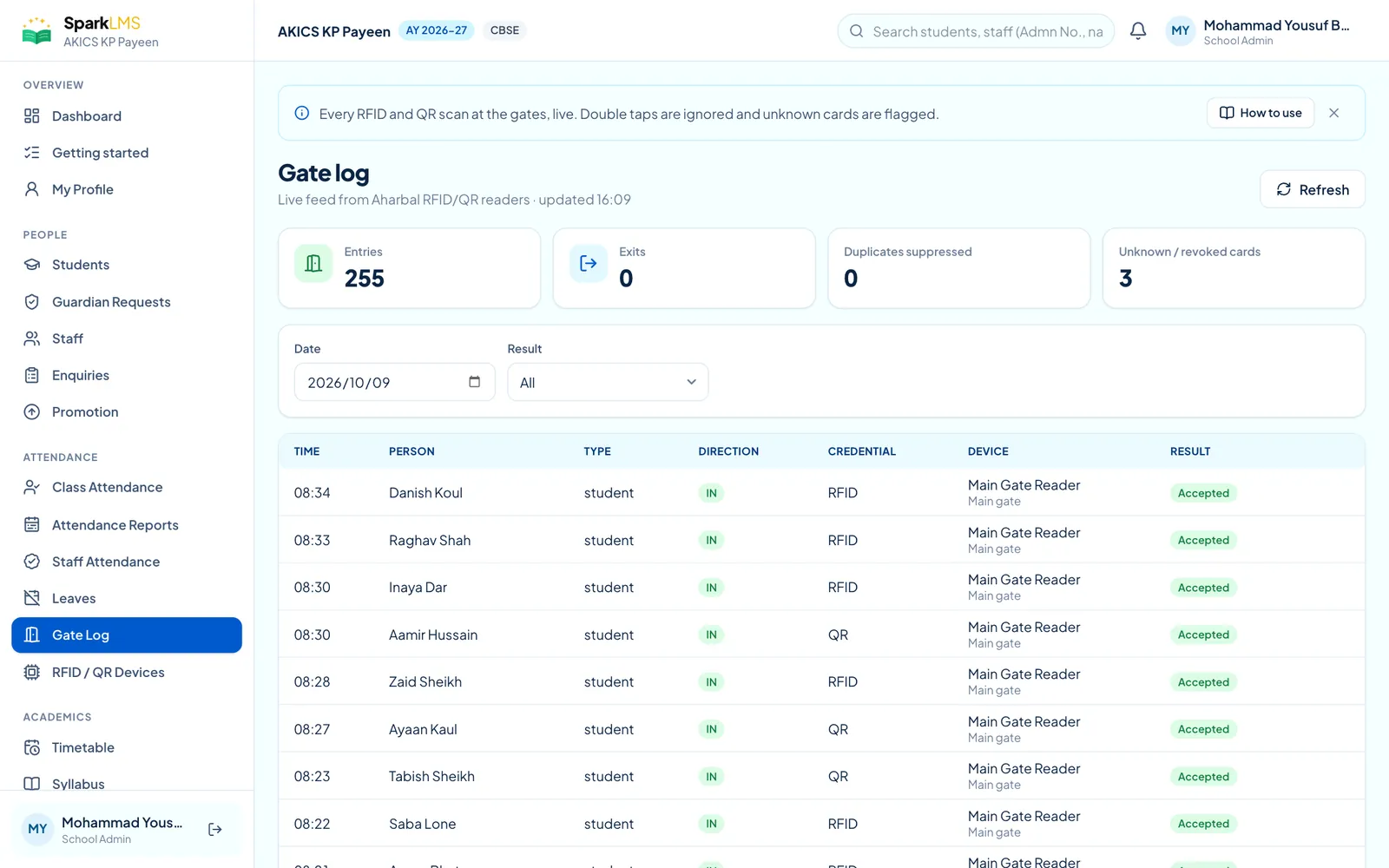 The live gate log with RFID and QR entries