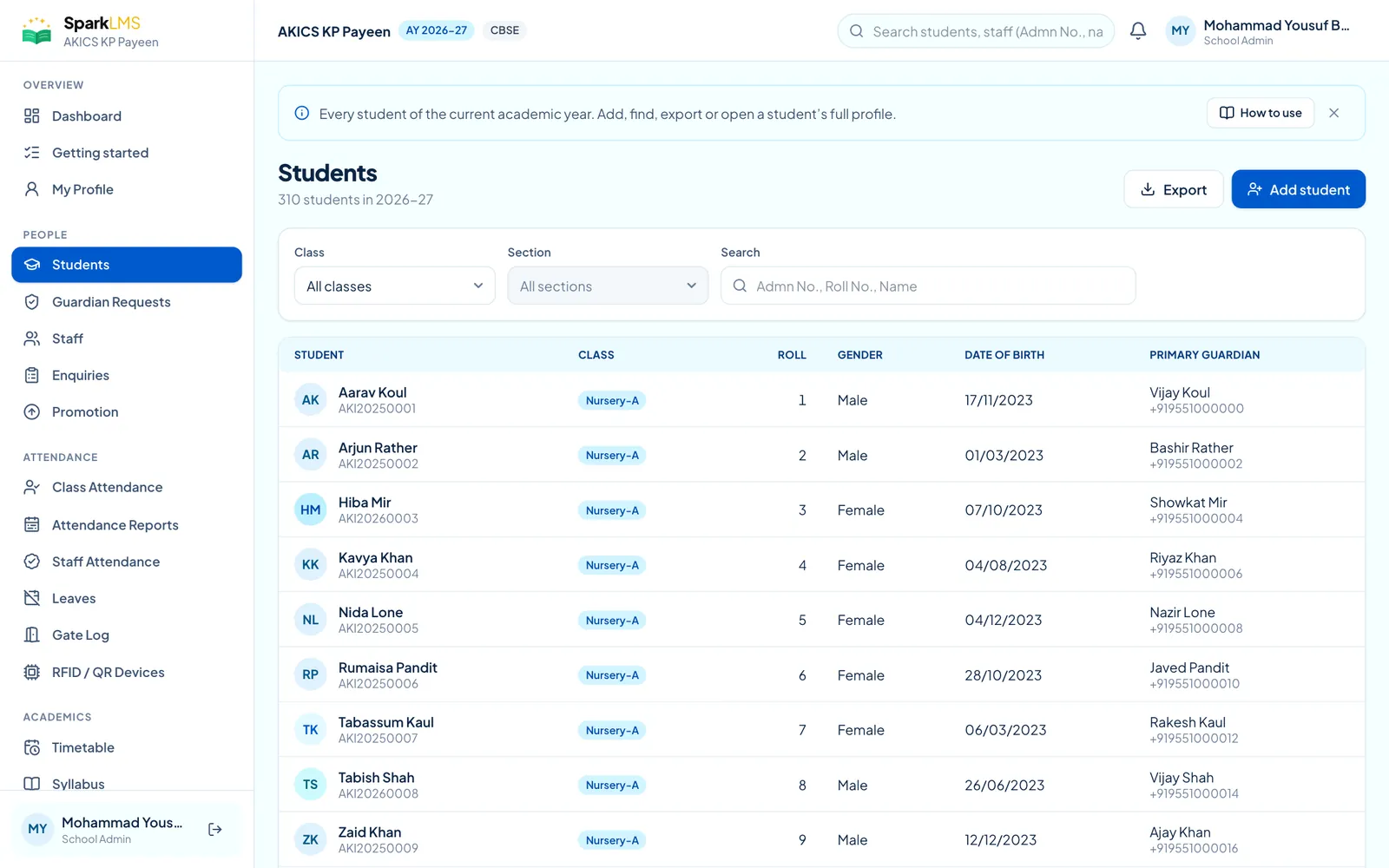 The student list with classes and guardians